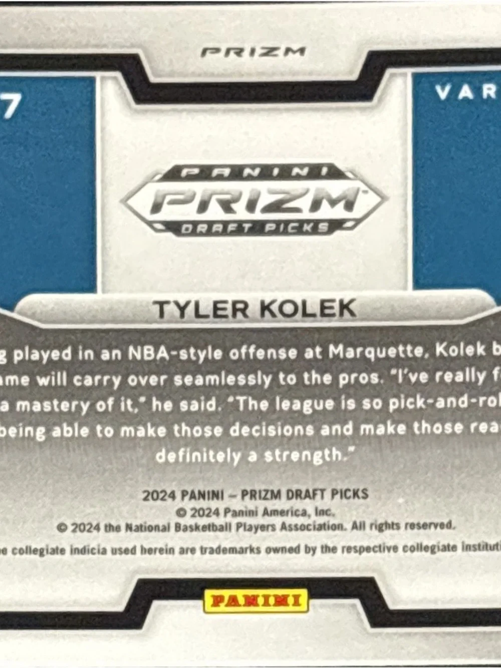 Panini Prizm Tyler Kolek Rookie Basketball Trading Card